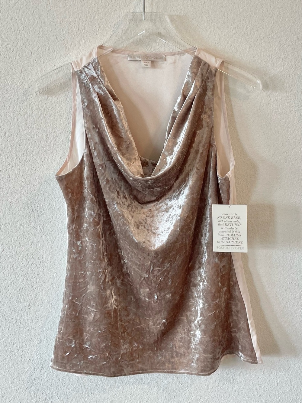 Boston Proper Light Pink Crushed Velvet Drape Sleeveless Top NWT